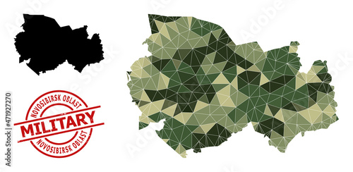 Low-Poly mosaic map of Novosibirsk Region, and scratched military stamp seal. Low-poly map of Novosibirsk Region is constructed with randomized camouflage color triangles.