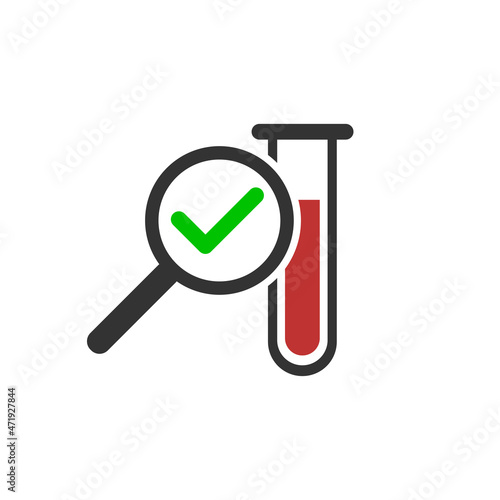 Blood test icon. Test tube with magnifying glass and right symbol showing blood sample testing. Vector Illustration.