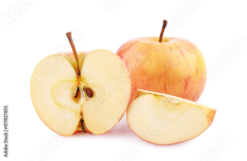 Whole fresh apple and slices isolated on white background.