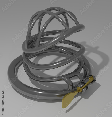 3D render of metal cock cage for BDSM play on white surface