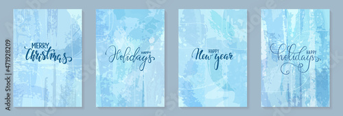 happy holidays Hand drawn brush pen lettering text on doodle background with stains and watercolor brush stroke. design happy holiday greeting card and invitation of Merry Christmas, Happy New Year