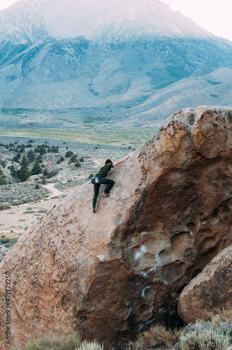 Rock Climber Bouldering in the Buttermilks in Bishop, California