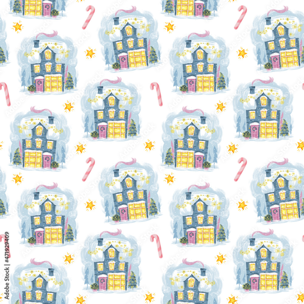 Christmas pattern with snow-capped shops and striped candies. Seamless cartoon cute pattern on a white background. New Year, children's funny illustration, freehand drawing. Children's print.