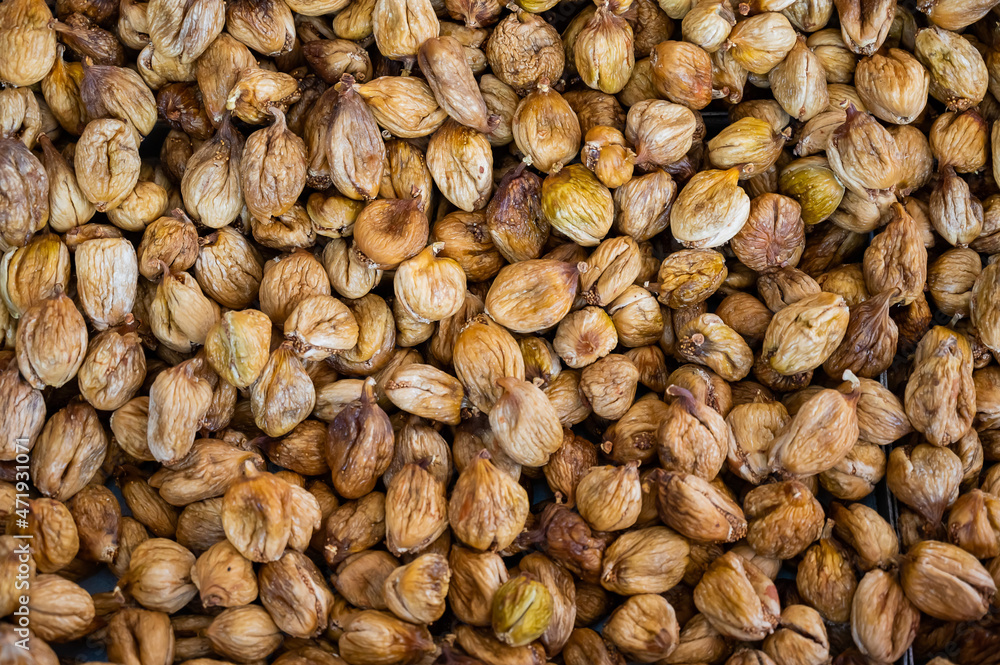 Top view of the shelf with dried figs in the bazaar. Top view of the shelf with dried figs in the bazaar.