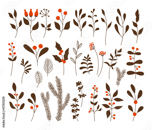 Christmas branch plant doodle vintage set. Winter laurel and leaf, poinsettia holly, berry, fir pine cone festive xmas collection. New year botanical hand drawn greeting card, textile, fabric, poster