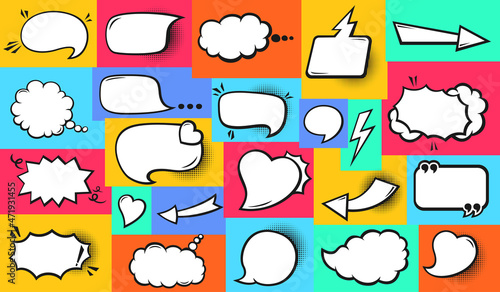 Speech bubble comic pop art set. Retro empty design elements dialog clouds, halftone dot bright background. Speech thought blobs comics book, vintage banner. Cartoon 80s-90s colorful vector