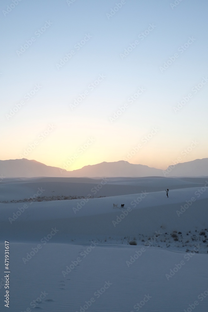Woman and Two Dogs at Sunset at White Sands National Park, New Mexico