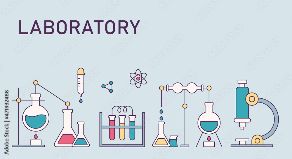 Banner design with various experimental equipments lined up horizontally. flat design style vector illustration. Banner design with various experimental equipments lined up horizontally. flat design style vector illustration.