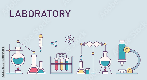 Banner design with various experimental equipments lined up horizontally. flat design style vector illustration.