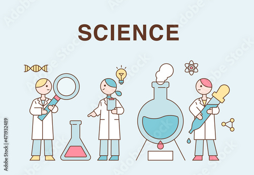 Cute scientists are standing with large experimental equipment. flat design style vector illustration.