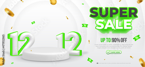 1212 discount sale 3D horizontal banner vector template, splashing gold coins, abstract background