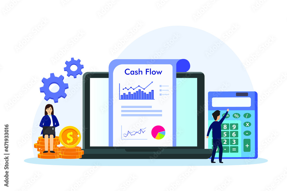 Cash flow vector concept: Businessman calculating cash flow on calculator while young woman sitting on the stack of coins Cash flow vector concept: Businessman calculating cash flow on calculator while young woman sitting on the stack of coins