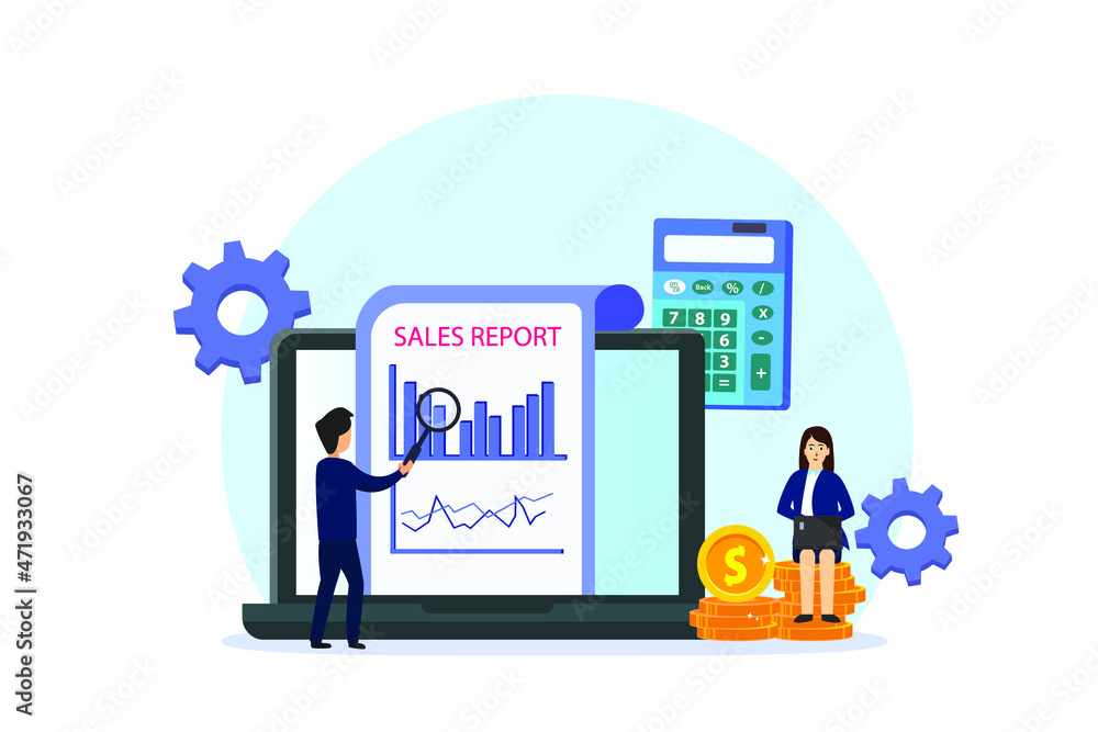 Sales report vector concept: Businessman looking at sales report chart with magnifying glass while young woman using laptop Sales report vector concept: Businessman looking at sales report chart with magnifying glass while young woman using laptop