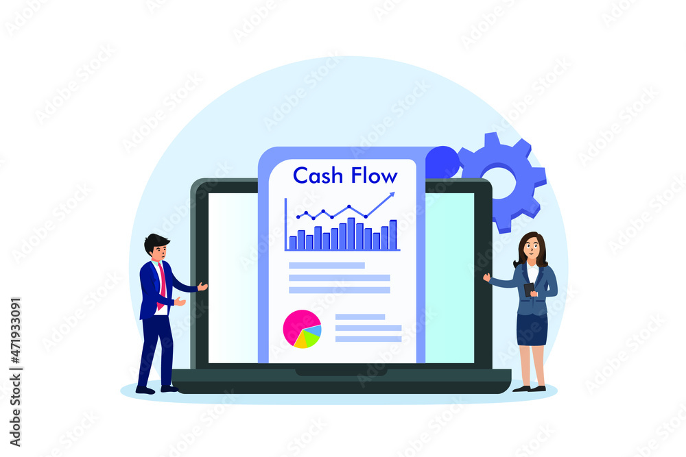 Cash flow vector concept: Businesspeople discussing cash flow together while looking chart on the laptop 