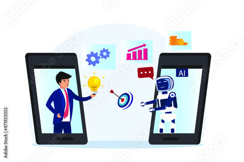 Giving idea vector concept: Businessman giving idea on light bulb to robot while using smart phone 