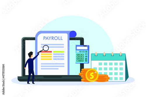Payroll vector concept: Businessman looking at payroll document while using magnifying glass 