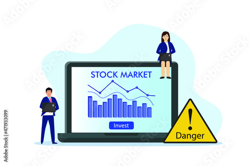 Stock market vector concept: Businesspeople looking at graph stock market while using laptop with danger warning 