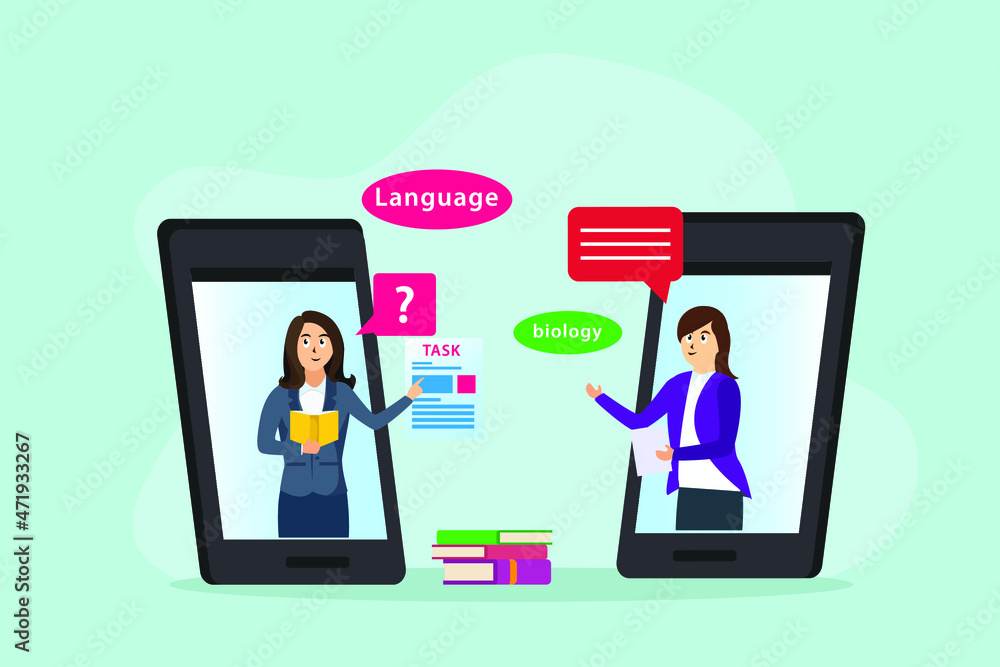 Online learning vector concept: University student learning online with female teacher while using mobile phone application 
