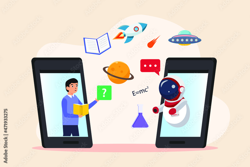 Online learning vector concept: University student learning online on mobile phone with robot teacher 