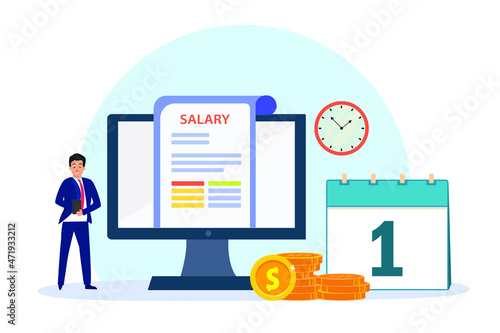 Salary vector concept: Male worker checking his salary on computer while standing with stack of coins 