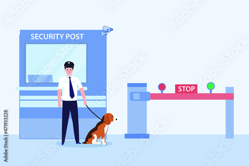 Security vector concept: Security man working with dog while standing in security post 