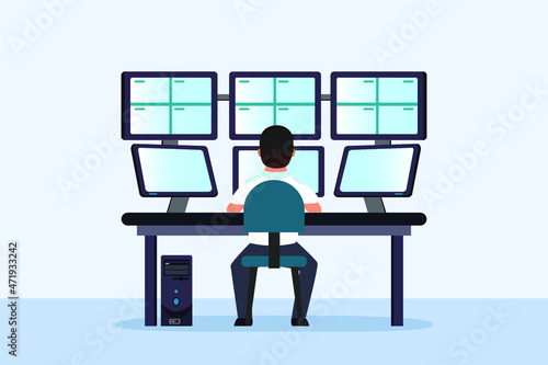 Security staff vector concept: Security staff watching video surveillance while sitting in front of monitors 