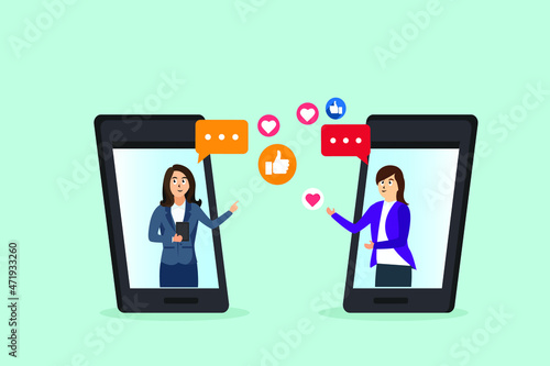 Online chatting vector concept: Two young women chatting online together on social media while using smart phone