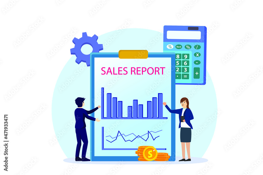 Sales report vector concept: Business team looking at sales report diagram while meeting together Sales report vector concept: Business team looking at sales report diagram while meeting together