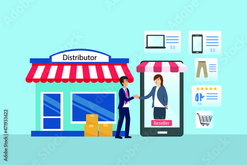 Distributor and reseller, online shop, marketplace businesses vector illustration flat design