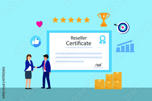 Business people shaking hand next to reseller certificate vector illustration flat design photo