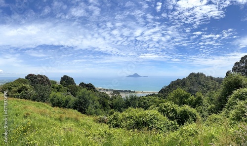 The Bay of Plenty from Kohi Point looking out to sea towards Whale Island. New Zealand