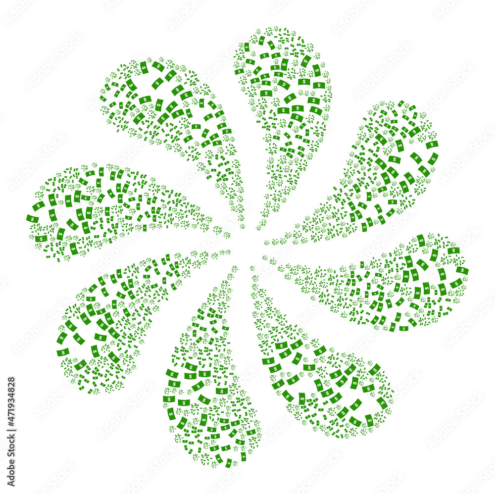 Dollar banknotes icon exploding abstract flower salute composition. Flower burst composed using scattered dollar banknotes icons. Dollar banknotes icon exploding abstract flower salute composition. Flower burst composed using scattered dollar banknotes icons.