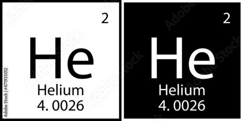 Helium symbol. Black and white square. Atomic number. Chemical element. Periodic table. Vector illustration. Stock image.