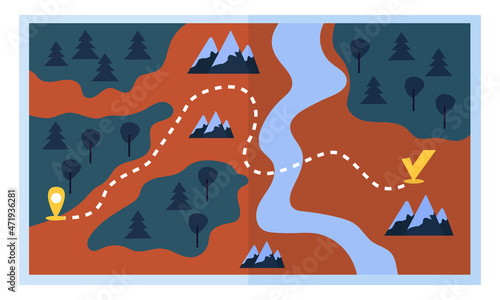 Map for traveling.  Hiking map with tourist route. Elements for tourism, hiking, climbing, adventure, travel, rest, sport. Trendy illustration, good for web and print