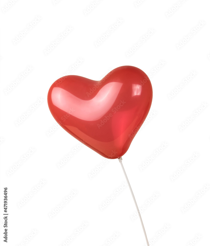 A heart-shaped balloon on a stick isolated on a white background.