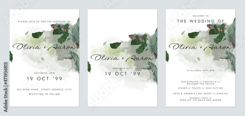 Greenery wedding invitation card set template design, green watercolor decorated with tropical leaves on white
