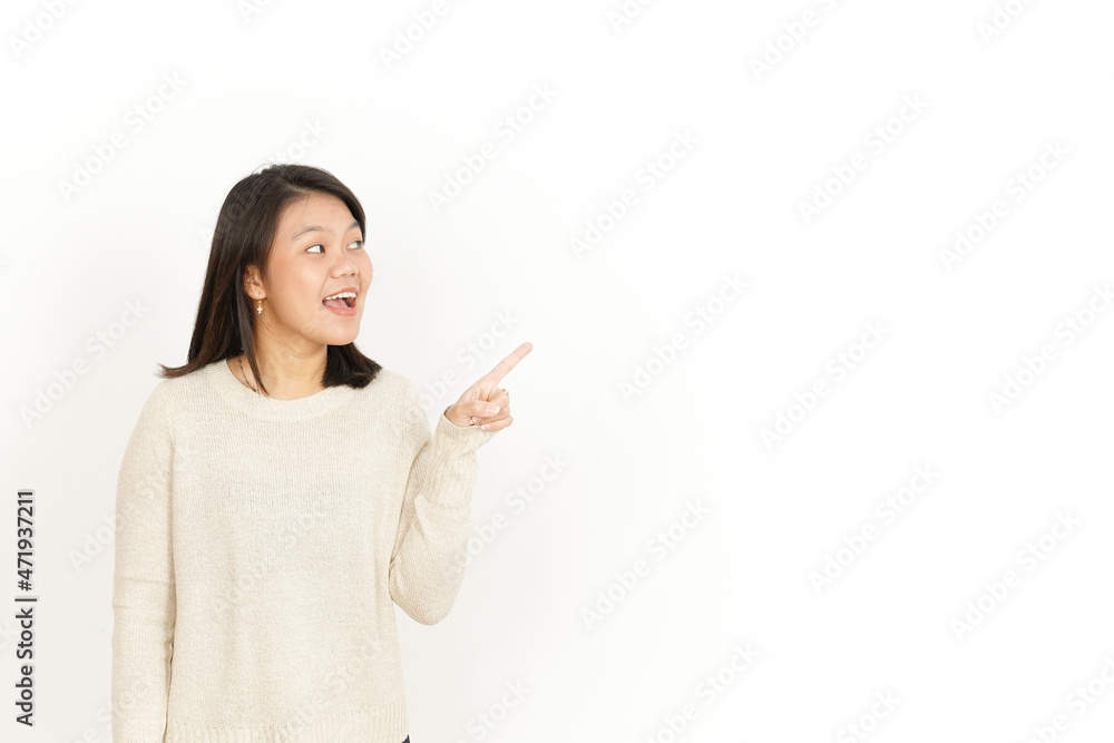 Pointing aside and Showing Product of Beautiful Asian Woman Isolated On White Background Pointing aside and Showing Product of Beautiful Asian Woman Isolated On White Background