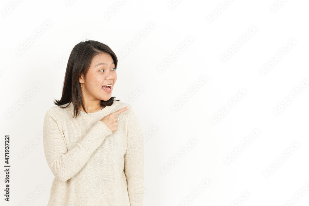 Pointing aside and Showing Product of Beautiful Asian Woman Isolated On White Background Pointing aside and Showing Product of Beautiful Asian Woman Isolated On White Background