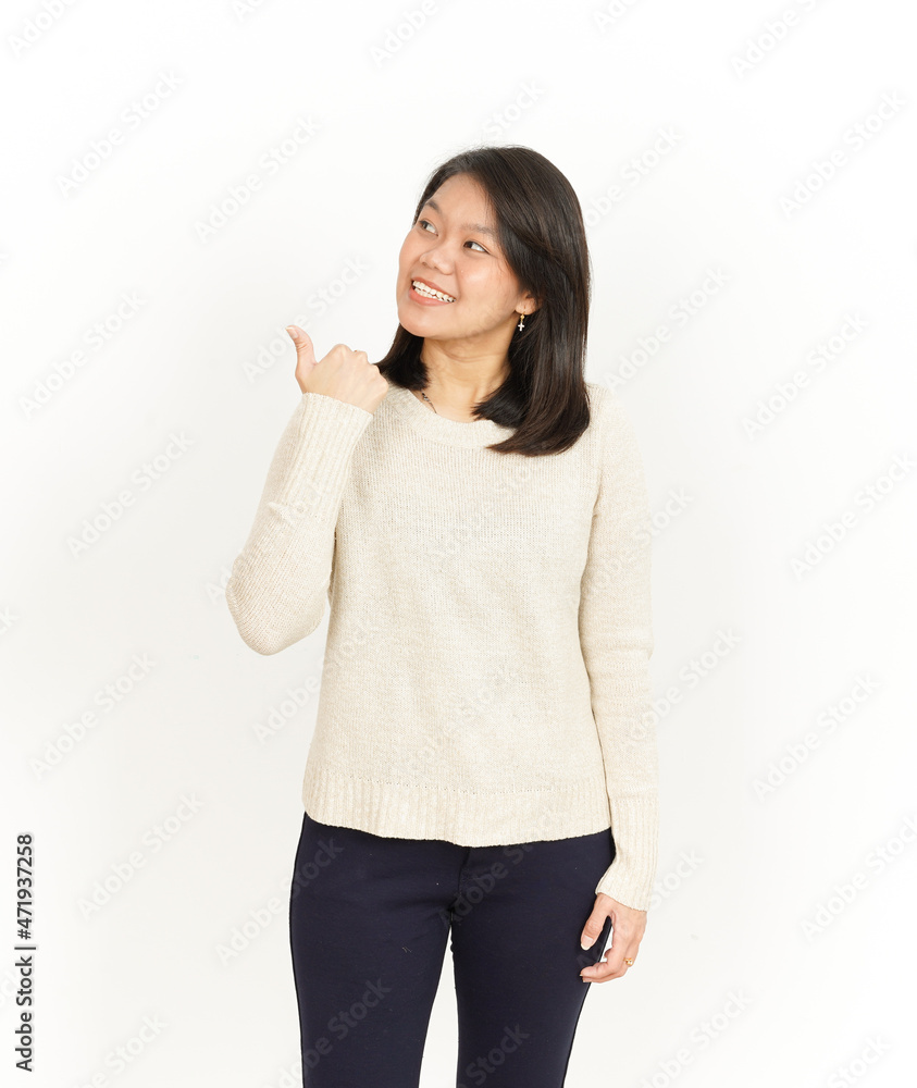 Pointing aside and Showing Product of Beautiful Asian Woman Isolated On White Background Pointing aside and Showing Product of Beautiful Asian Woman Isolated On White Background
