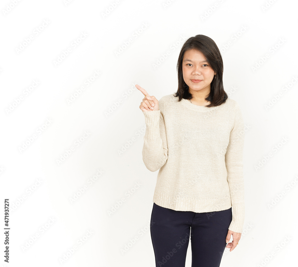 Pointing aside and Showing Product of Beautiful Asian Woman Isolated On White Background Pointing aside and Showing Product of Beautiful Asian Woman Isolated On White Background