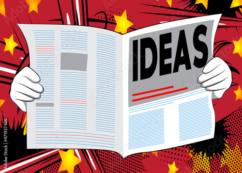 Business Newspaper with the text Ideas as headline. Vector cartoon illustration. Idea, success, growth, creativity concept.