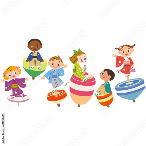 新年　駒を回す　子供達　着物
