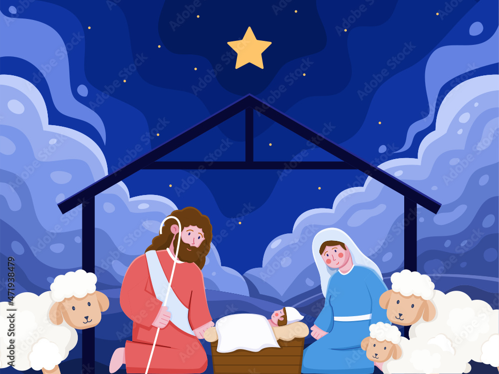 Cartoon illustration Jesus Christ born in a manger with Joseph and Mary  accompanied and sheep. Baby jesus born in Bethlehem with bright stars. can  use for greeting card, postcard, invitation, banner. Stock