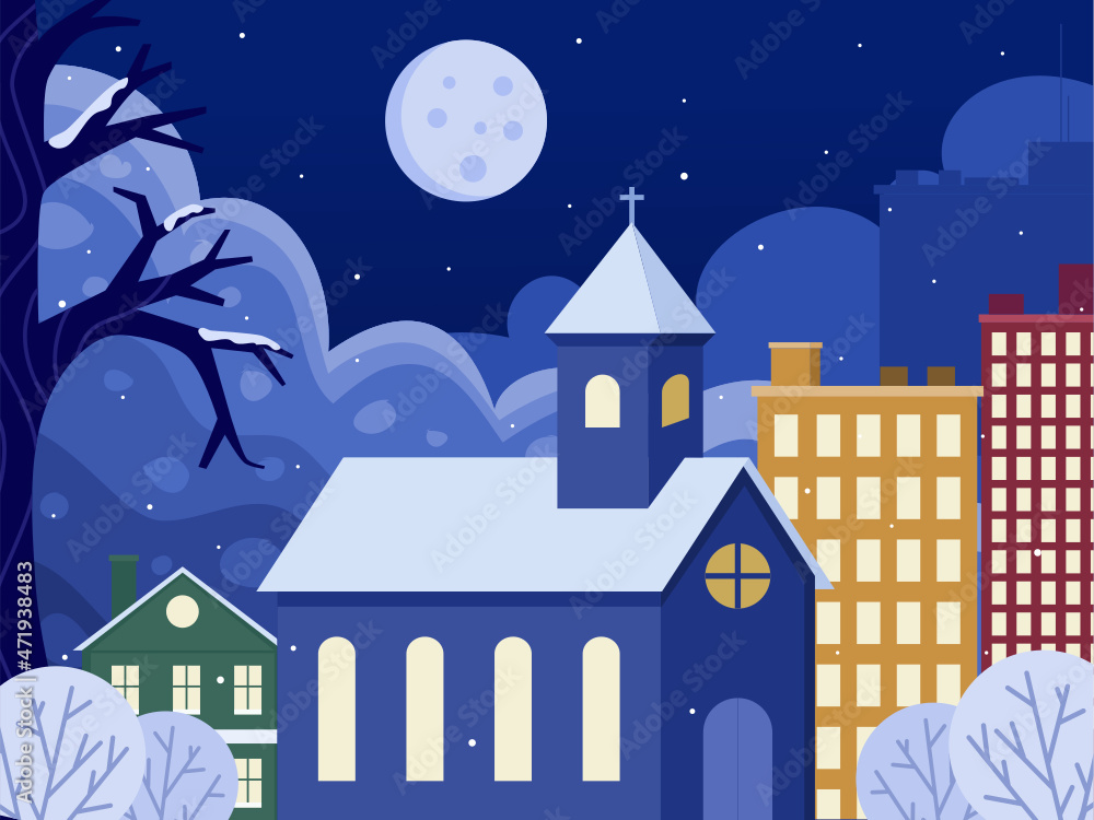 Winter night Christmas Scene illustration with churches and tall building in city. christmas town city panorama. can be used for greeting card, poster, banner, postcard, web, print, etc. Winter night Christmas Scene illustration with churches and tall building in city. christmas town city panorama. can be used for greeting card, poster, banner, postcard, web, print, etc.