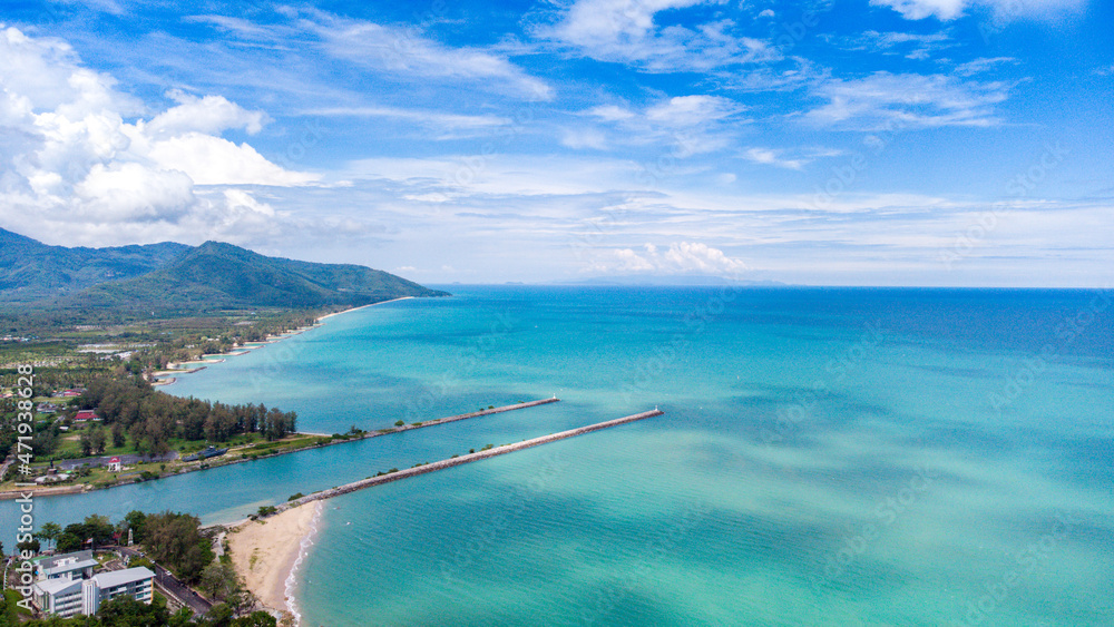 Aerial view of Sichon beach and bay blends with the blue sea. Photo aerial panorama view from drone.
