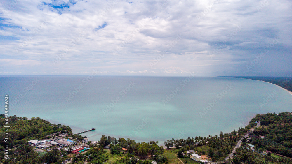 Aerial view of Sichon beach and bay blends with the blue sea. Photo aerial panorama view from drone.