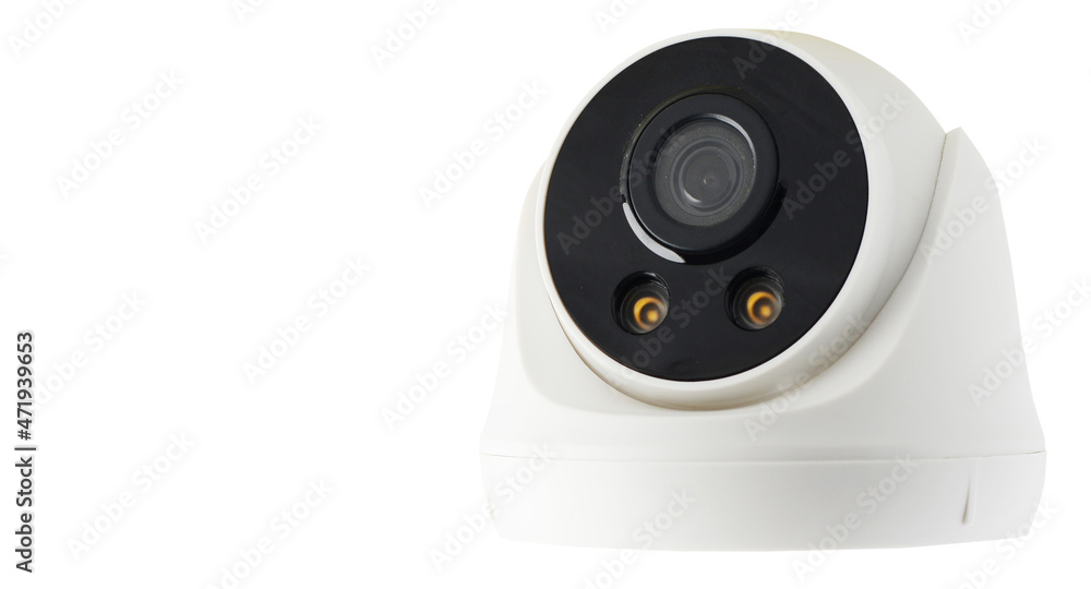 White CCTV stand up position perspective to the right side with copy space on isolated background White CCTV stand up position perspective to the right side with copy space on isolated background
