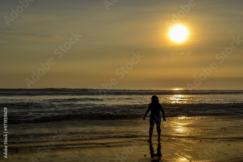 Silhouette of a person on the shore of the beach at sunset.
