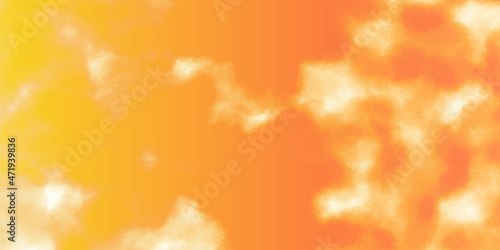 background with orange and Bright Yellow and orange fluffy cloudy in sky. Gorgeous panorama scenic of the sunrise or sunset with silver lining and cloud on the orange sky