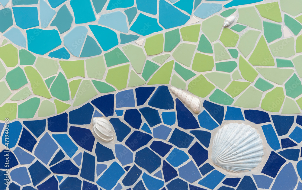 Colorful mosaic tile pattern with seashell decoration
